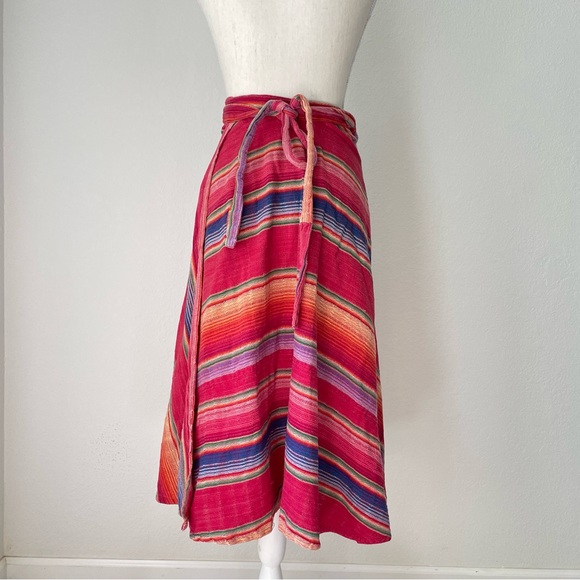VINTAGE SARAPE COTTON WRAP SKIRT RAINBOW MULTICOLOR STRIPED MIDI - Picture 9 of 13